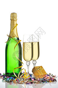 一瓶香槟和杯子一喜庆品和盒礼物图片