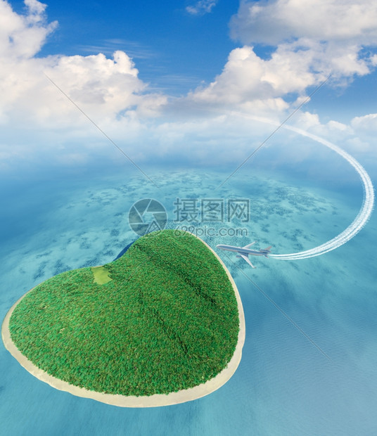 飞机在心形岛屿上空飞行图片
