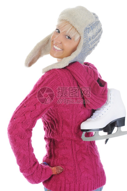 穿着溜冰鞋的女孩孤立在白色背景上图片