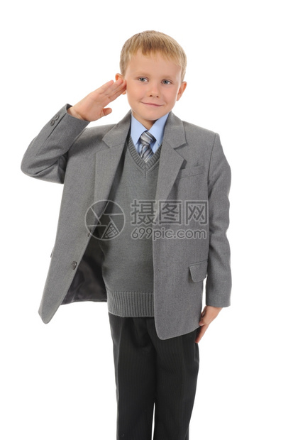 身穿商业西装的小男孩孤立于白种背景图片