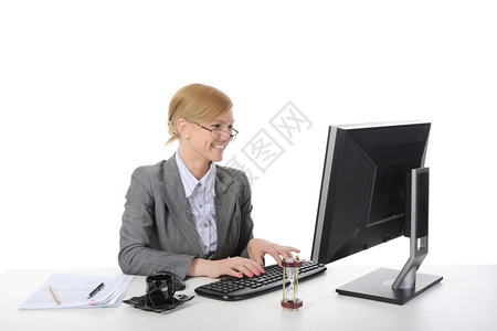 办公室里快乐的女商人白种背景的孤立无援图片