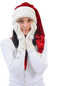 圣诞微笑的女士穿着红色圣塔帽孤立在白色背景上图片