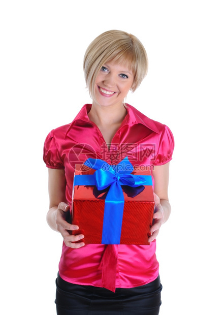 带着红色礼物盒的漂亮女孩白背景孤立无援图片