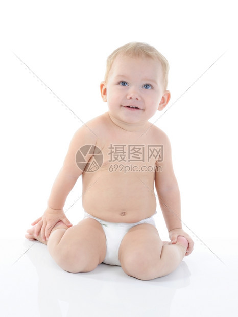 一个快乐的蓝眼孩子肖像孤立在白色背景上图片