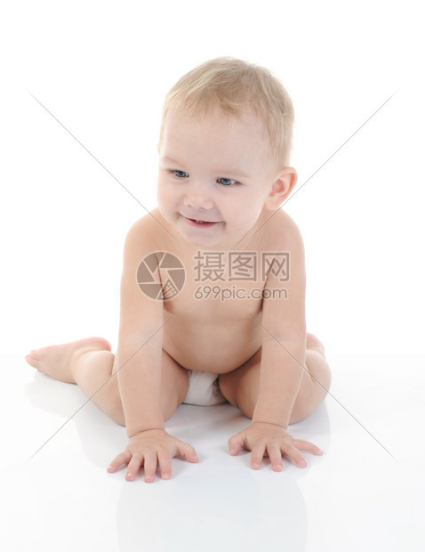 一个快乐的蓝眼孩子肖像孤立在白色背景上图片