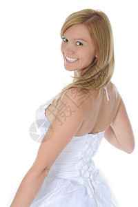 年轻微笑的新娘肖像孤立在白色背景上图片