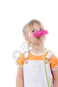女孩闻着花朵孤立于白种背景图片