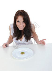 美丽的女孩在节食孤立的白色背景图片