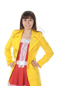 穿着黄色雨衣的美丽笑脸女孩白背景孤立无援图片