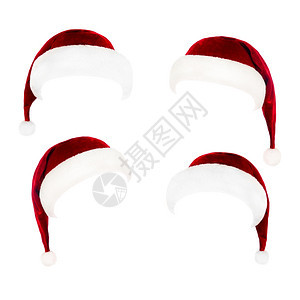 一套红色圣诞老人帽子孤立在白色背景上图片