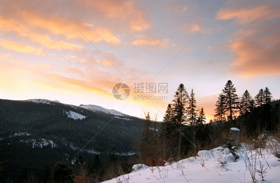 冬季清晨山地景观乌克兰喀尔巴阡山图片