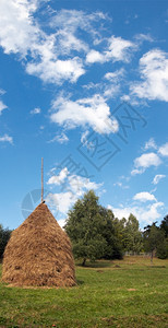 夏季山脉绿色草原有一堆干高蓝天空有云雾斯拉夫克村喀尔巴阡山乌克兰图片