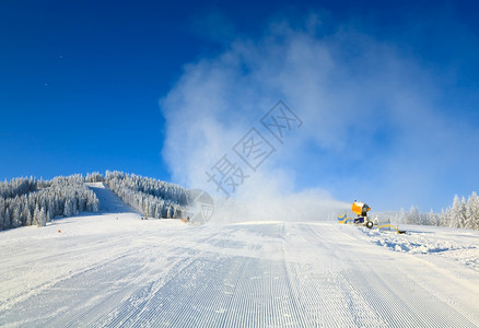 寒冬平静的山地景观风和雪覆盖的采树图片