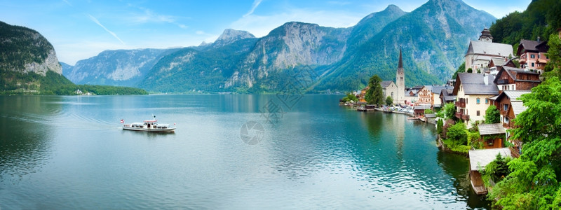 美丽的夏日阿尔卑斯山哈塔特镇和湖面HallstatterSee视图奥地利两针缝合图像图片