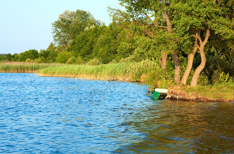 夏季湖岸附近的旧木制渔船乌克兰斯维提亚兹图片