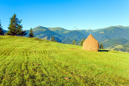 夏季山村与田地和干草堆图片