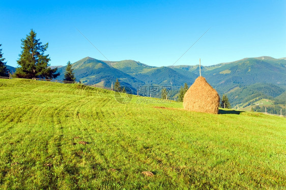 夏季山村与田地和干草堆图片