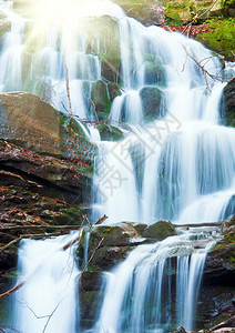 洛基流瀑布穿越秋山林和阳光图片