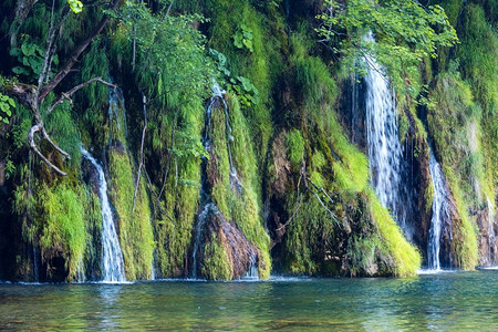 美丽的小型瀑布和前方清湖夏季景色克罗地亚普利维茨湖公园图片