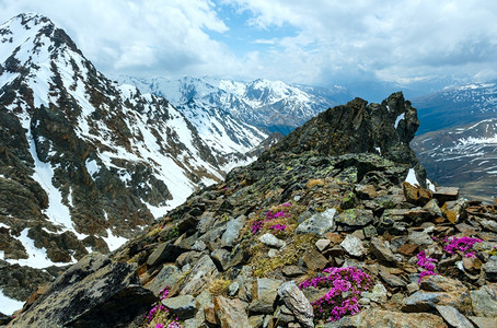 从Karlesjoch电缆滑雪梯高站3108米靠近奥地利意大边界的KaunertalGletcher附近的山上观望花朵在悬崖和云图片