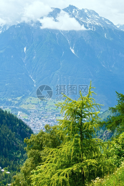 山顶上雪的夏季山地景观瑞士阿尔卑斯山图片