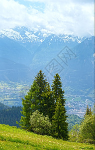 夏季山地景观顶和谷镇雪瑞士阿尔卑斯山图片