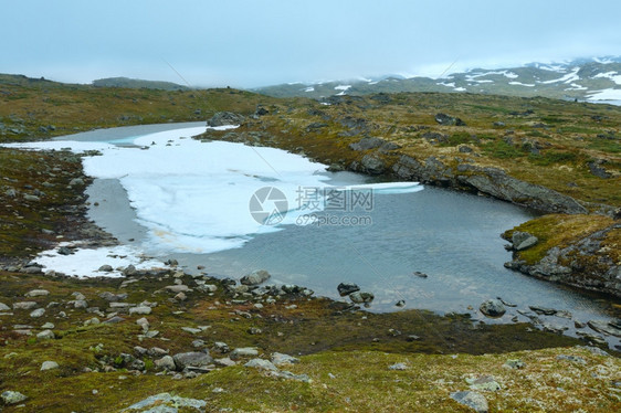 北挪威山春苔原河谷和小水坑图片