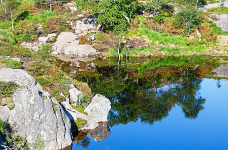 挪威深蓝色小山丘湖有岩石海岸图片