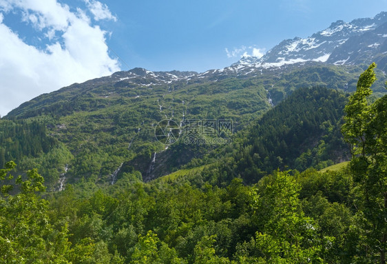 山顶有雪的夏季风景瑞士伯尔尼阿卑斯山图片