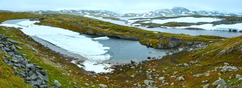 挪威诺斯山夏季苔原河谷和小湖图片