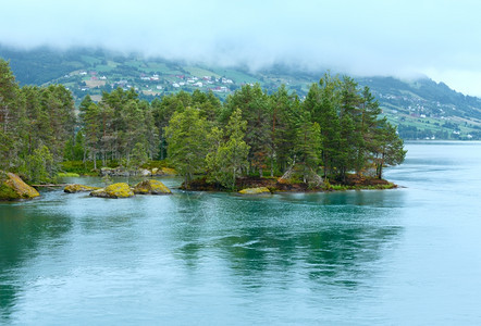夏季云端峡湾风景岸上有森林挪威图片