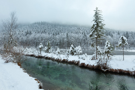 冬季小溪河岸上有雪树图片