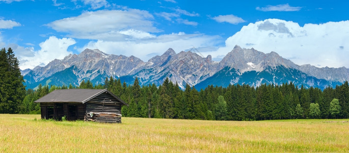戈萨村郊区阿尔卑斯山区草原上的小木屋图片