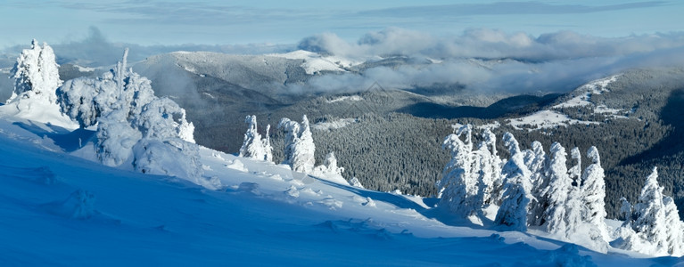 温冬山全景前面斜坡上有雪树喀尔巴阡山乌克兰图片