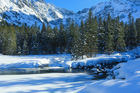 小山流雪飘在边缘和森林上背景图片