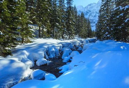 小山流雪飘边缘有森林背景图片