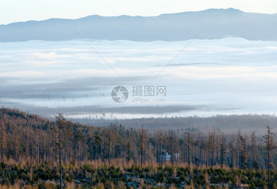 清晨美丽的乡村风景山坡上布满云彩图片