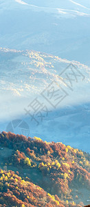 日光和秋天的薄雾清晨山景坡上有多彩的树木图片