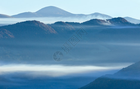 秋天喀尔巴阡山的顶上早起雾背景图片