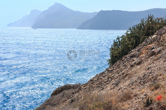 地中海洋夏季岩石岸与开花的仙人掌工厂PortmanCostaBlanca西班牙图片