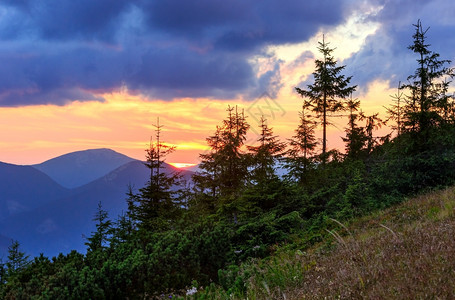 傍晚天空有云背景的山地轮廓夏季日落的阴暗景色喀尔巴阡山乌克兰图片