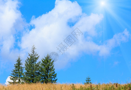 美丽的阳光蓝天白色的积雪云在夏季山丘上图片