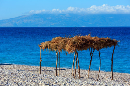 带树冠的夏季清晨小海滩阿尔巴尼亚博什图片