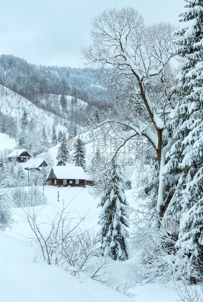 乌克兰喀尔巴阡山冬季坡上的木屋图片