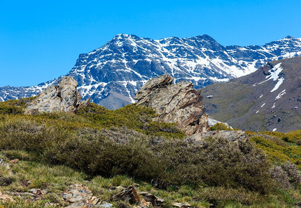 山坡上有雪的夏季山地景观西班牙格拉纳达附近内华山公园图片