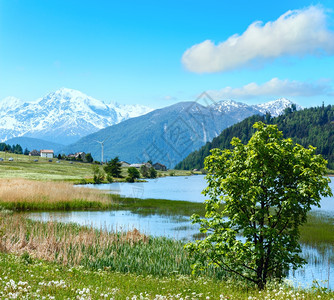 雷西亚湖和蓝云天空意大利的夏季山地景观两针缝合图像图片