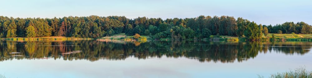 夏季湖风景之夜,水面上有树木反射(Shklo,Lviv Oblast,乌克兰)三缝合高分辨率全景。背景图片