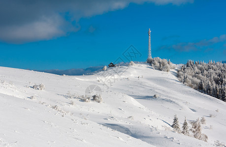 美丽的冬季霜树通讯塔和山顶上蓝色云雾天空背景的雪地滑喀尔巴阡山乌克兰图片