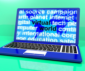 膝上型计算机展示全球互联网上的虚拟世界文字图片