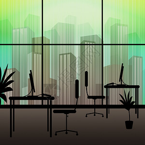 办公室内部窗口显示建筑城市风景3d图片